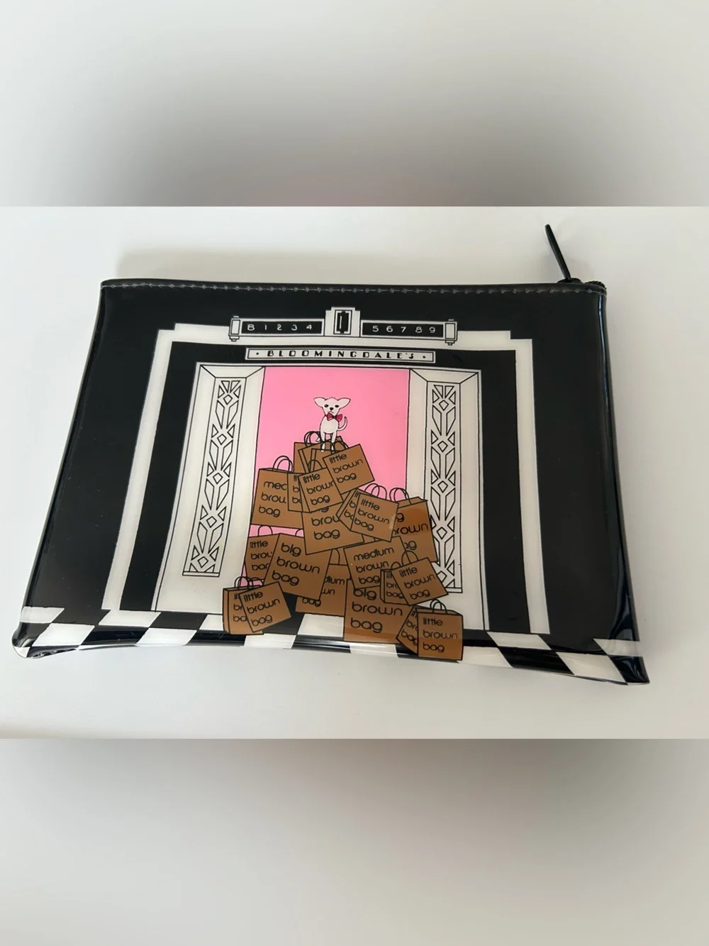 Bloomingdale's Black White Pink Dog Shopping Bags Cosmetic Pouch NWOT
